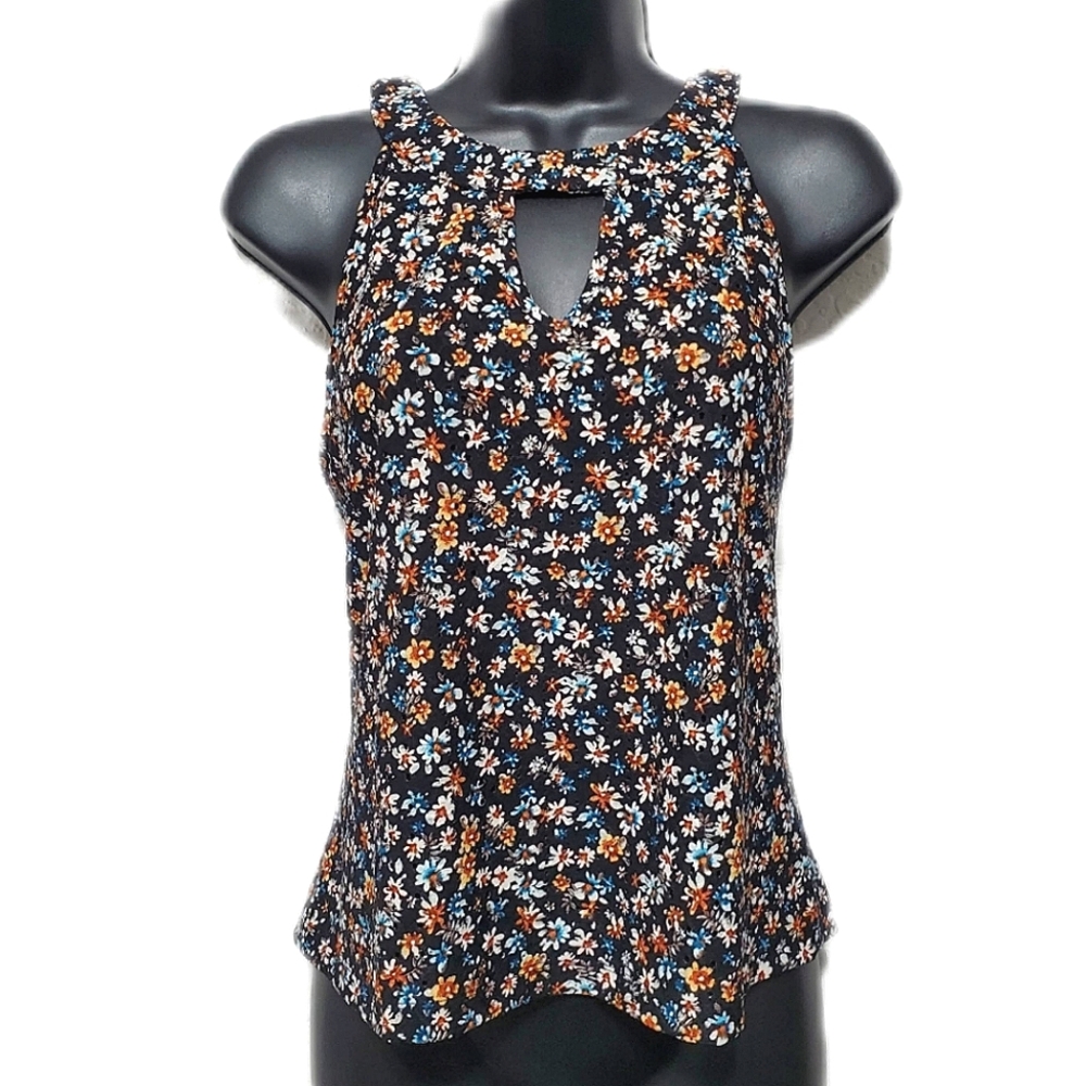 2/$30 The General Good Floral Print Mesh Keyhole Halter Tank Top Black Multi L